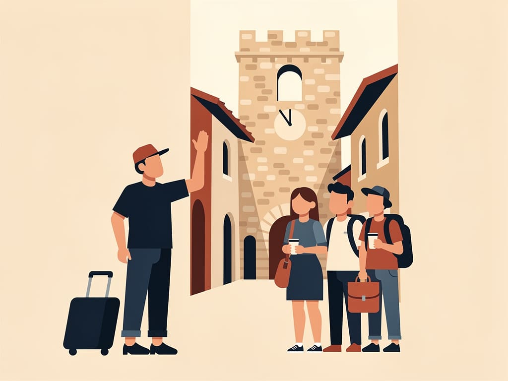 Guida locale che mostra un monumento storico a un piccolo gruppo di viaggiatori